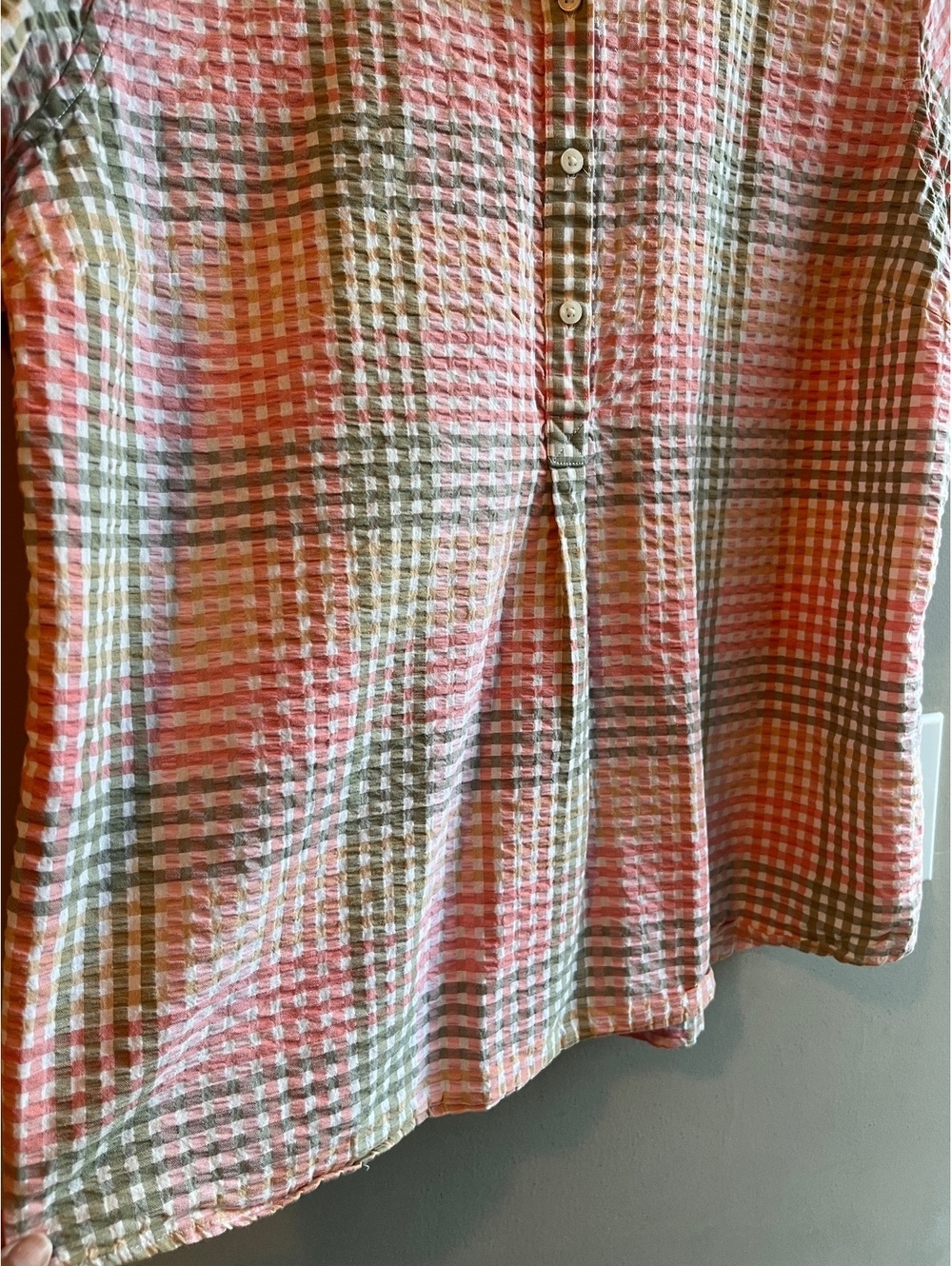 L.L.Bean Vacationland Seersucker Short Sleeve Popover Plaid Shirt Pink Green - Picture 6 of 10